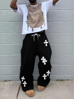 26 Trendy Men's Kids Wide Leg Pants Large Cross Print Street Hip-Hop Pants Loose Casual Jogging Pants Gothic Fashion