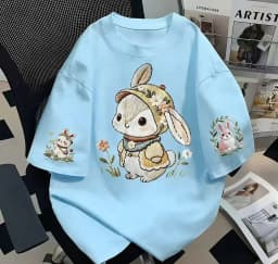 Women's Summer Short-Sleeved T-Shirt in Japanese Cute Style with Loose Fit and 100% Cotton Cartoon Rabbit Print