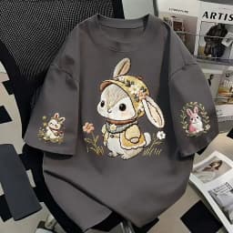 Women's Summer Short-Sleeved T-Shirt in Japanese Cute Style with Loose Fit and 100% Cotton Cartoon Rabbit Print