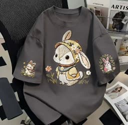 Women's Summer Short-Sleeved T-Shirt in Japanese Cute Style with Loose Fit and 100% Cotton Cartoon Rabbit Print