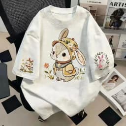 Women's Summer Short-Sleeved T-Shirt in Japanese Cute Style with Loose Fit and 100% Cotton Cartoon Rabbit Print