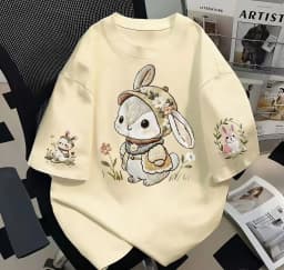 Women's Summer Short-Sleeved T-Shirt in Japanese Cute Style with Loose Fit and 100% Cotton Cartoon Rabbit Print