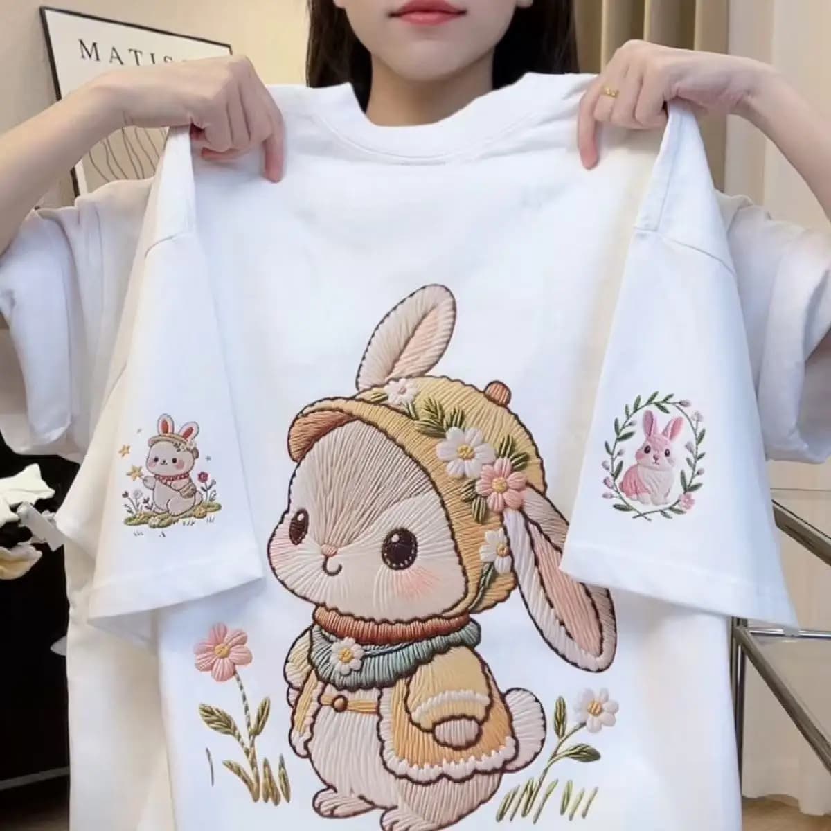 Women's Summer Short-Sleeved T-Shirt in Japanese Cute Style with Loose Fit and 100% Cotton Cartoon Rabbit Print