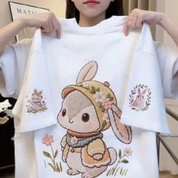 Women's Summer Short-Sleeved T-Shirt in Japanese Cute Style with Loose Fit and 100% Cotton Cartoon Rabbit Print