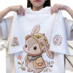 Women's Summer Short-Sleeved T-Shirt in Japanese Cute Style with Loose Fit and 100% Cotton Cartoon Rabbit Print