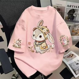 Women's Summer Short-Sleeved T-Shirt in Japanese Cute Style with Loose Fit and 100% Cotton Cartoon Rabbit Print
