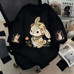 Women's Summer Short-Sleeved T-Shirt in Japanese Cute Style with Loose Fit and 100% Cotton Cartoon Rabbit Print