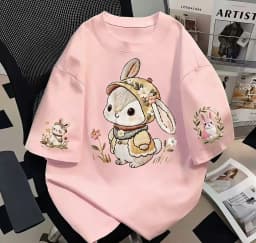 Women's Summer Short-Sleeved T-Shirt in Japanese Cute Style with Loose Fit and 100% Cotton Cartoon Rabbit Print