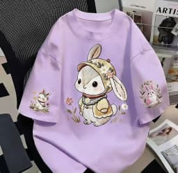Women's Summer Short-Sleeved T-Shirt in Japanese Cute Style with Loose Fit and 100% Cotton Cartoon Rabbit Print