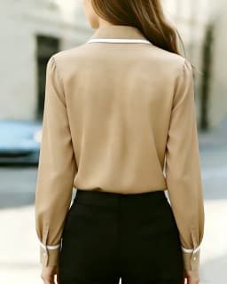Women Long Sleeve Button Down Blouse Contrast Trim Collar Office Wear Shirt