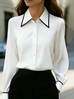Women Long Sleeve Button Down Blouse Contrast Trim Collar Office Wear Shirt