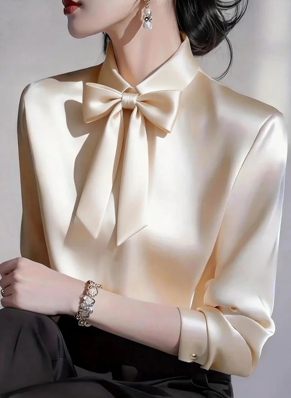 Elegant Satin Bow Tie Blouse for Women Long Sleeve Formal Office Shirt