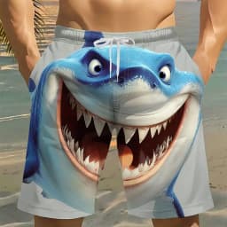 Men's Casual Shark Smile Face Pattern Shorts Mid Waist Drawstring Waist Side Pockets Beach Vacation Daily Outfit Spring & Summer