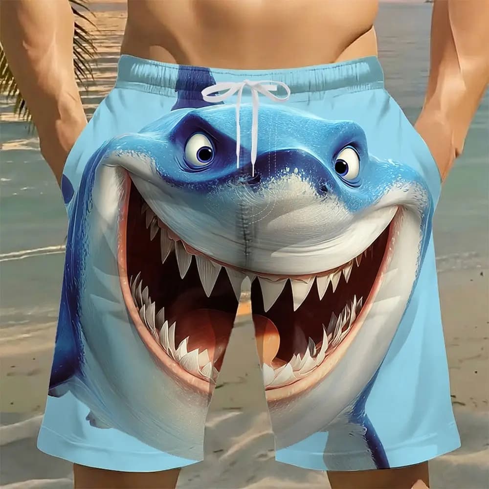 Men's Casual Shark Smile Face Pattern Shorts Mid Waist Drawstring Waist Side Pockets Beach Vacation Daily Outfit Spring & Summer