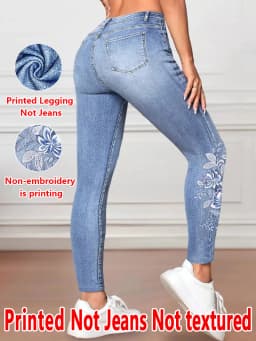 1227 [Printed Leggings - Not Faux Denim Fabric]2D Printed Faux Embroidered Effect, Printed Leggings - Non-Faux Denim Fabric,