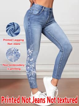 1227 [Printed Leggings - Not Faux Denim Fabric]2D Printed Faux Embroidered Effect, Printed Leggings - Non-Faux Denim Fabric,