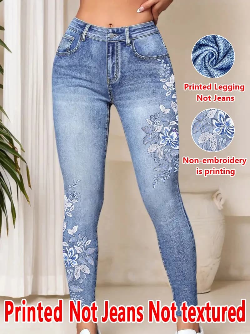 1227 [Printed Leggings - Not Faux Denim Fabric]2D Printed Faux Embroidered Effect, Printed Leggings - Non-Faux Denim Fabric,