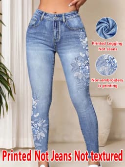 1227 [Printed Leggings - Not Faux Denim Fabric]2D Printed Faux Embroidered Effect, Printed Leggings - Non-Faux Denim Fabric,