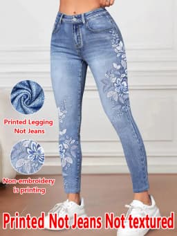 1227 [Printed Leggings - Not Faux Denim Fabric]2D Printed Faux Embroidered Effect, Printed Leggings - Non-Faux Denim Fabric,