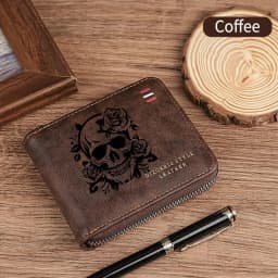 Dominator Dark Skull Men's Vintage Short Wallet Zipper Coin Purse Casual Buckle Waist Chain Money Bag For Students Gift
