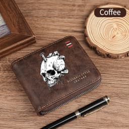 Dominator Dark Skull Men's Vintage Short Wallet Zipper Coin Purse Casual Buckle Waist Chain Money Bag For Students Gift