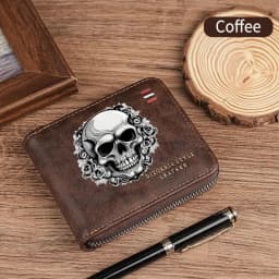 Dominator Dark Skull Men's Vintage Short Wallet Zipper Coin Purse Casual Buckle Waist Chain Money Bag For Students Gift