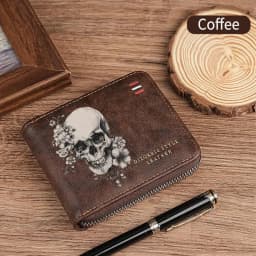 Dominator Dark Skull Men's Vintage Short Wallet Zipper Coin Purse Casual Buckle Waist Chain Money Bag For Students Gift