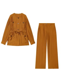 TFMLN Fashion Casual Pocket Shirt Pant Set For Ladies Solid Color Long Sleeve Jacket With Belt Spring Autumn Safari Style Set