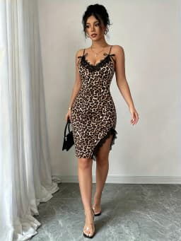 Women Spaghetti Strap Midi Dress Eyelash Lace Leopard Print Bodycon Casual Dress Spring Summer Vacation Sexy Party Date Dress