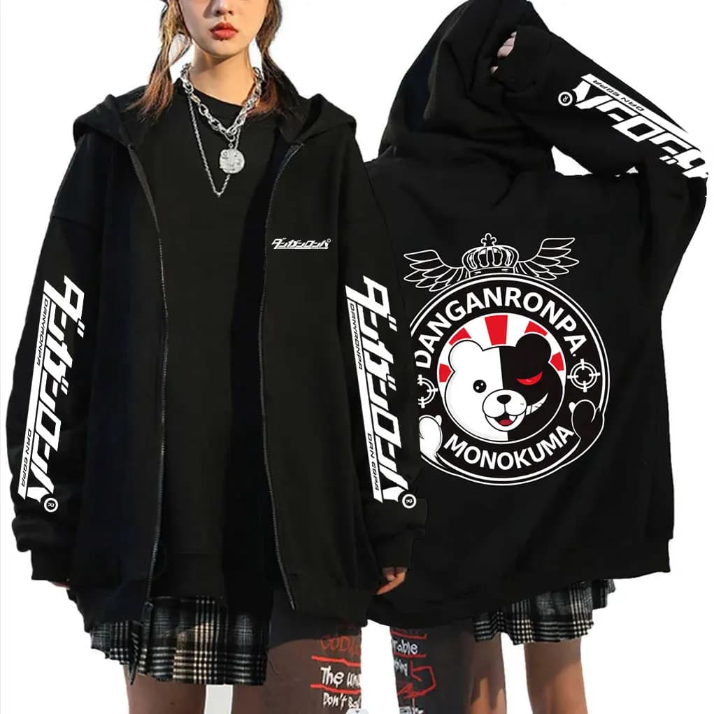 Anime Danganronpa Monokuma Zipper Hoodie Men Women Manga Funny Oversized Zip Up Jacket Coat Unisex Cartoon Cosplay Streetwear
