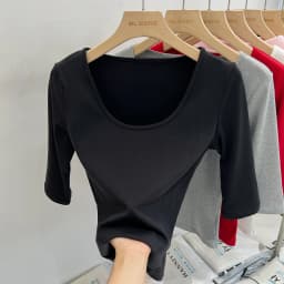 Zjaiss Women's White Base Top 2026 New U-Neck Three-Quarter Sleeve Tee for Spring & Summer Solid Versatile Casual Simple T-Shirt