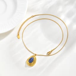 Natural Stone Necklace Stainless Steel 18K Gold Plated Geometric Tiger Eye Lapis Lazuli Pendant Women Vintage Jewelry