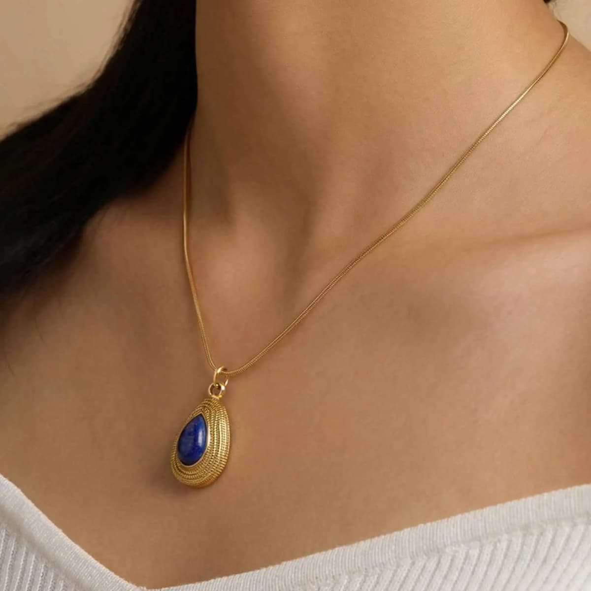 Natural Stone Necklace Stainless Steel 18K Gold Plated Geometric Tiger Eye Lapis Lazuli Pendant Women Vintage Jewelry