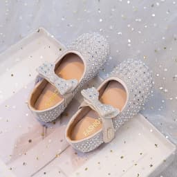 Kids'Casual Shoes PU Leather Fashion Sequin Bow Spring Flat Outdoor Shoes For Girls Anti-slip Silver White Shoes Size 23-36