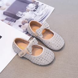 Kids'Casual Shoes PU Leather Fashion Sequin Bow Spring Flat Outdoor Shoes For Girls Anti-slip Silver White Shoes Size 23-36