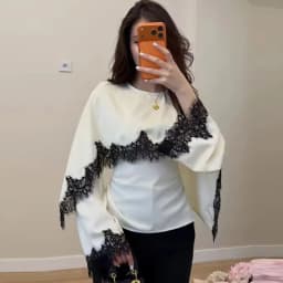 Women Elegant Lace Splice Contrast Shawl Top Women Chic Full Sleeve Cinched Waist Round Neck Blouse Female Daily Date Shirt