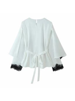 Women Elegant Lace Splice Contrast Shawl Top Women Chic Full Sleeve Cinched Waist Round Neck Blouse Female Daily Date Shirt