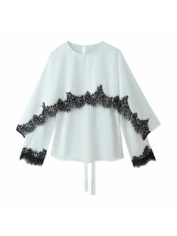 Women Elegant Lace Splice Contrast Shawl Top Women Chic Full Sleeve Cinched Waist Round Neck Blouse Female Daily Date Shirt