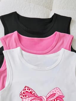 Kids Girls 3-Pack Bow & Text Print Sleeveless Crop Tank Tops Casual Summer Streetwear Outfit