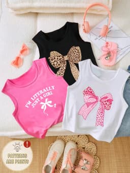 Kids Girls 3-Pack Bow & Text Print Sleeveless Crop Tank Tops Casual Summer Streetwear Outfit