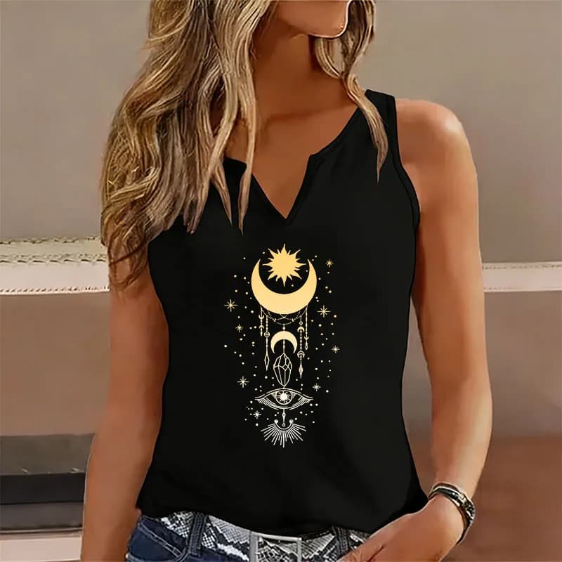 Vintage Star with Moon Sleeveless Tank Top T-shirt V Neck Casual Vest T Shirts Women Short Sleeve Tee Shirt V-Neck Graphic