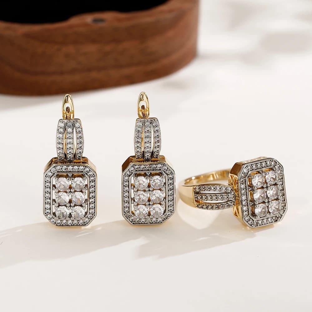 Square vintage zircon earrings and ring set copper plated 14K gold fashion jewelry banquet wedding accessories gift