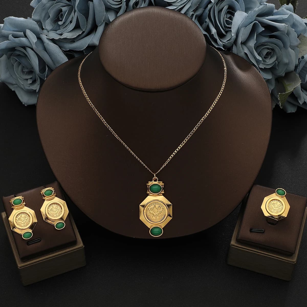 Vintage Gold Coin Pendant Necklace Set with Green Gemstone Earrings & Ring Arab Style Jewelry for Women, Party Wedding Gift