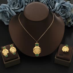 Vintage Gold Coin Pendant Necklace Set with Green Gemstone Earrings & Ring Arab Style Jewelry for Women, Party Wedding Gift