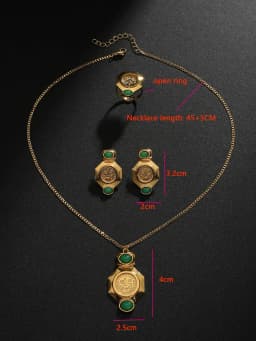 Vintage Gold Coin Pendant Necklace Set with Green Gemstone Earrings & Ring Arab Style Jewelry for Women, Party Wedding Gift