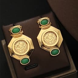 Vintage Gold Coin Pendant Necklace Set with Green Gemstone Earrings & Ring Arab Style Jewelry for Women, Party Wedding Gift
