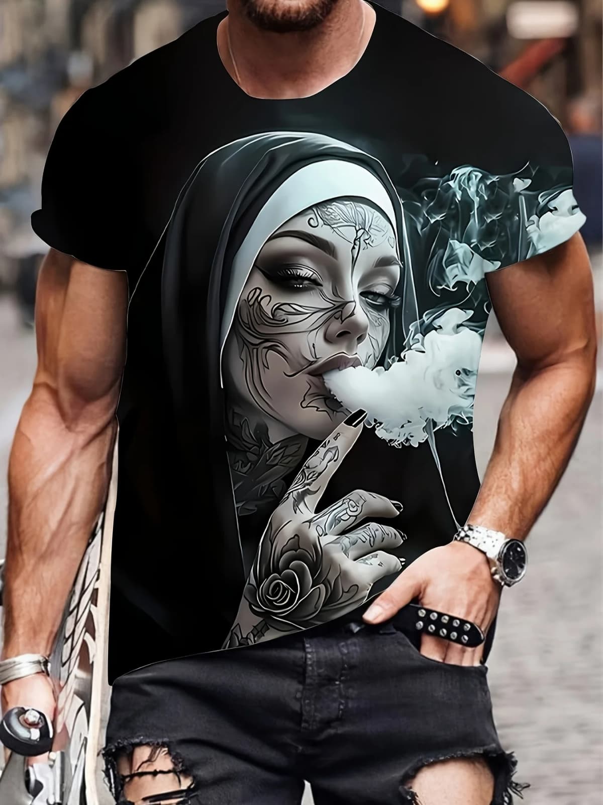 Smoking Nun Pattern 3D Print Sporty QuickDry Breatha Men Women TShirt Street Casual Fashion Retro Parent-child Short Sleeve Top