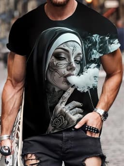 Smoking Nun Pattern 3D Print Sporty QuickDry Breatha Men Women TShirt Street Casual Fashion Retro Parent-child Short Sleeve Top