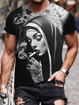 Smoking Nun Pattern 3D Print Sporty QuickDry Breatha Men Women TShirt Street Casual Fashion Retro Parent-child Short Sleeve Top