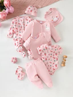 8-Piece Newborn Baby Romper Set, Soft and Breathable with Cute Pink Deer Pattern, Suitable for Babies Aged 0-9 Months.